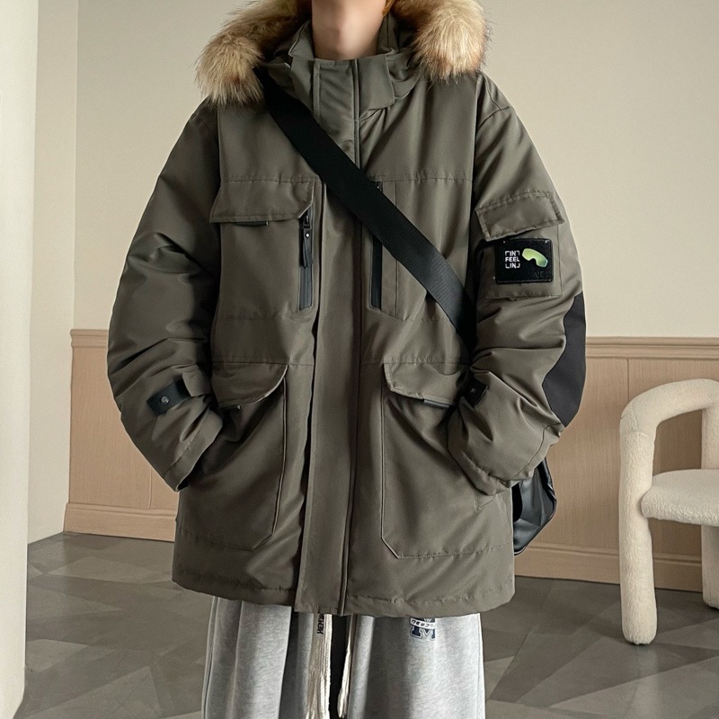 冬作業服綿コートメンズフード付き日本製レトロミドル丈若者綿ジャケットカジュアル綿ジャケット