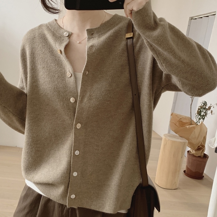 トップス カーディガン 袖あり 長袖 前開き ニット ラウンドネック フリーサイズ モカ ベージュ オレンジ 水 ピンク レッド ブラック 無地 春 秋 冬 レディース 10代 20代 普段使い