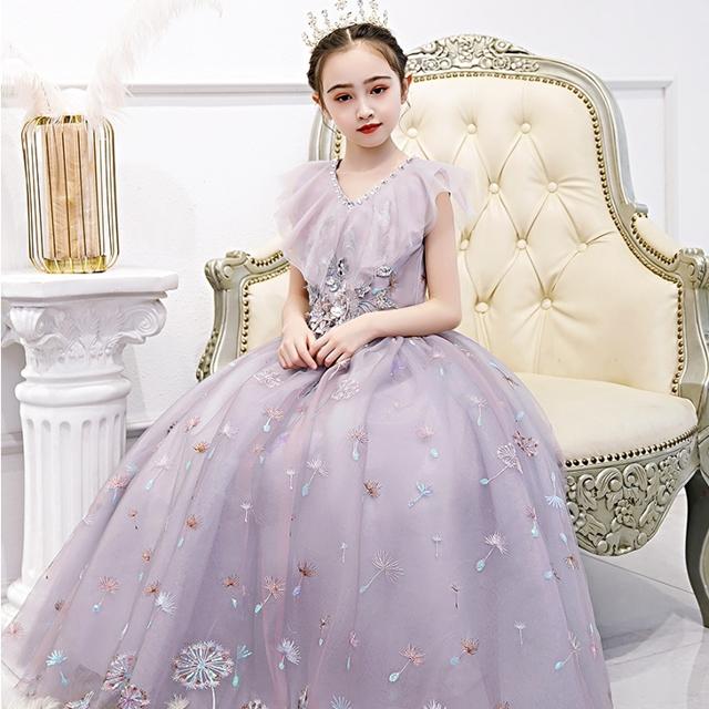 再入荷品子供 ドレス ロング マキシ丈 プリンセス 大人っぽい パープル おしゃれ キッズドレス ピアノ 発表会 誕生日 女の子 ドレス 子ども 結婚式 フォーマル ロング フレア 袖あり 花柄 Aラ