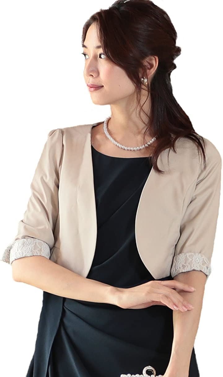 母の日 裏地 花柄 レース ノーカラー パーティー ボレロ ジャレロ レディース( ベージュ, 3L)