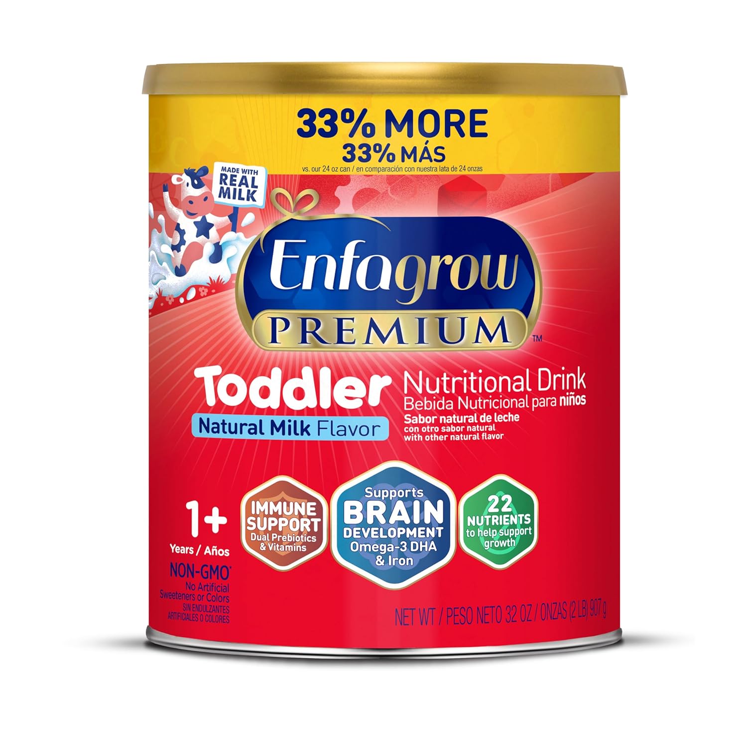 Enfagrow Premium Toddler Nutritional Drink, Real Milk, Brain-Building Omega-3 DHA Toddler 32oz