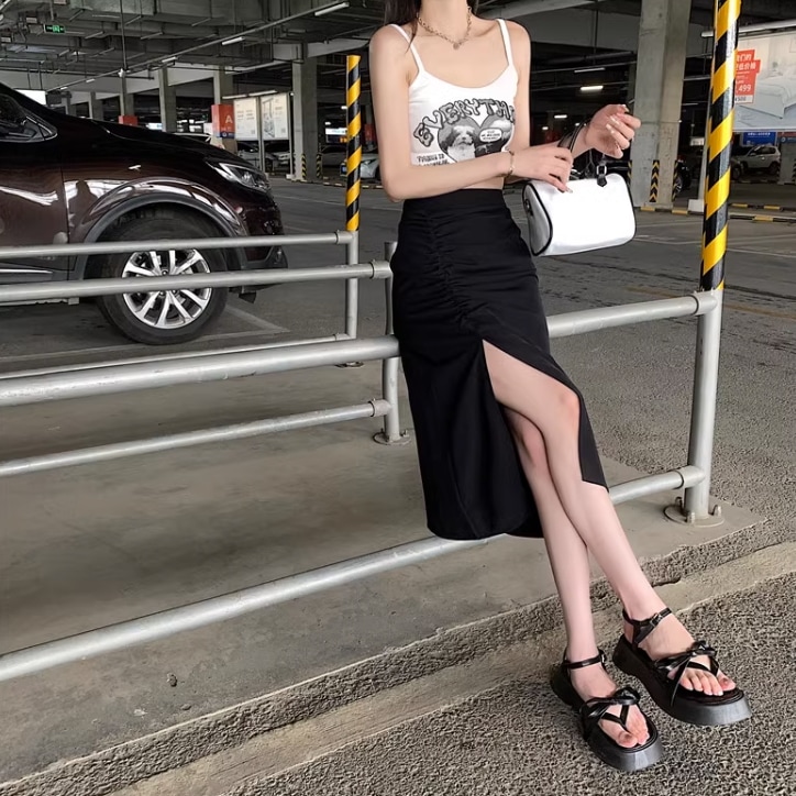 スカート モテ ペンシルスカート ロング ロング丈 スリム ストレート Iライン スリット サイドスリット ファスナー ハイウエスト ポリエステル かわいい 大人可愛い きれいめ シンプル おしゃれ