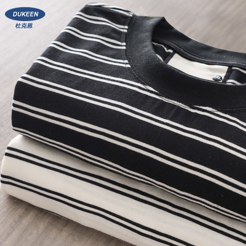 300gヘビー白黒ストライプtシャツメンズ半袖夏純綿レトロシーソウルシャツ男性半袖ティーンエイジャー
