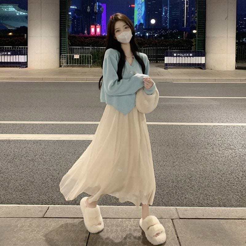 韓国 長袖 ニット カーディガン/トップス+ロングスカート ファッション ドレス 着痩せ 怠惰 2点セット