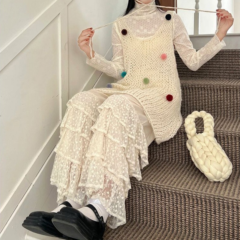 優しくて甘いレディース春秋水玉ニットセーターベストインナートップスレースケーキパンツ3点セット