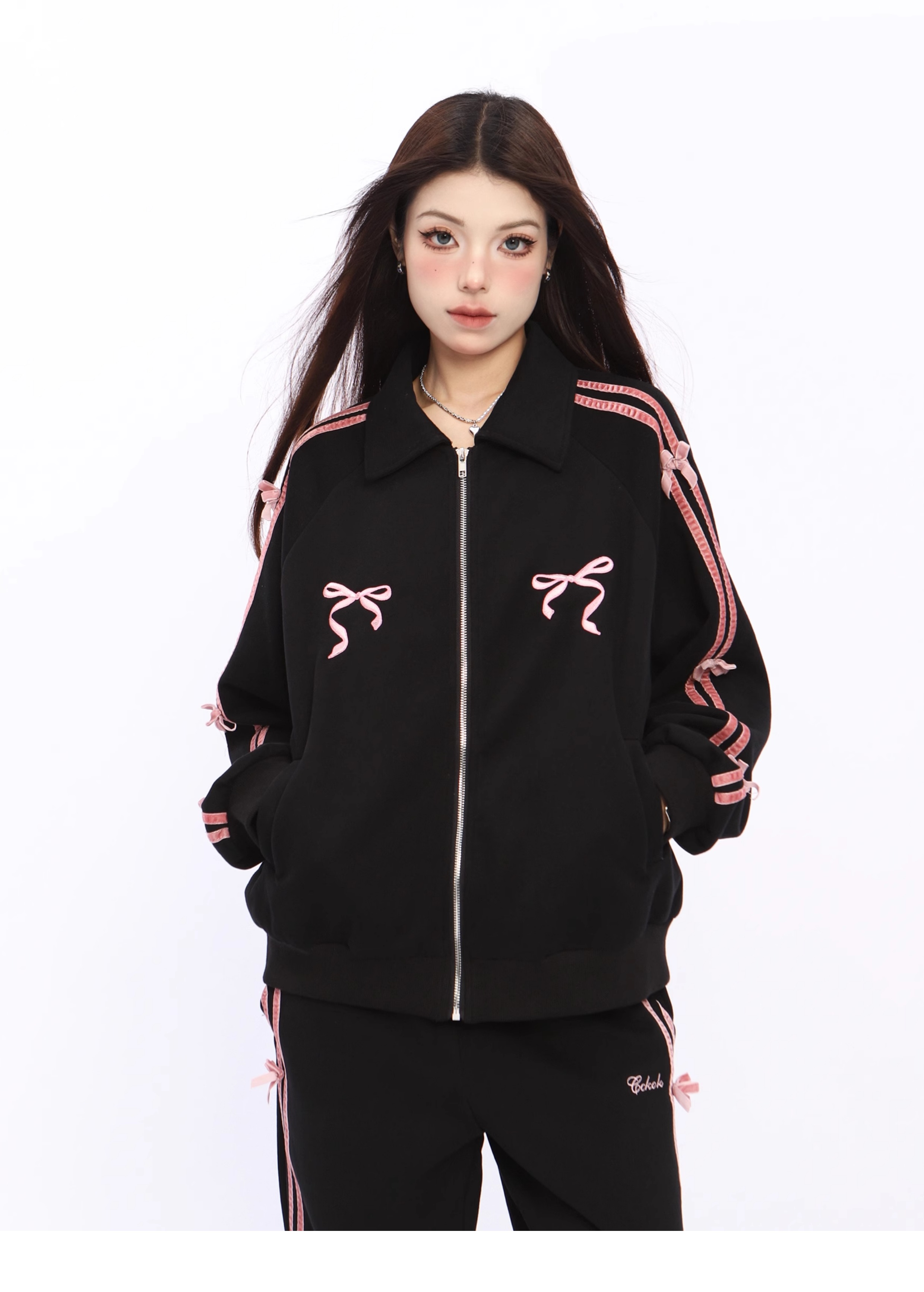 2025 春夏 2点セット トップス お出かけ 羽織り 韓国 レディース フルラウンドヘム ルーズパーカーサイド ボトムススウエットストレート系ゆったりサイズワイドシルエット上下リラックストラック