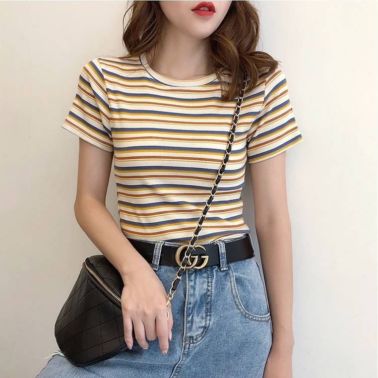 トップス カットソー Tシャツ レディース ボーダー リブ 半袖 ラウンドネック カジュアル スポーツ シンプル かわいい 着回し S M L XL カラバリ 白 ホワイト ネイビー 黄色 イエロー