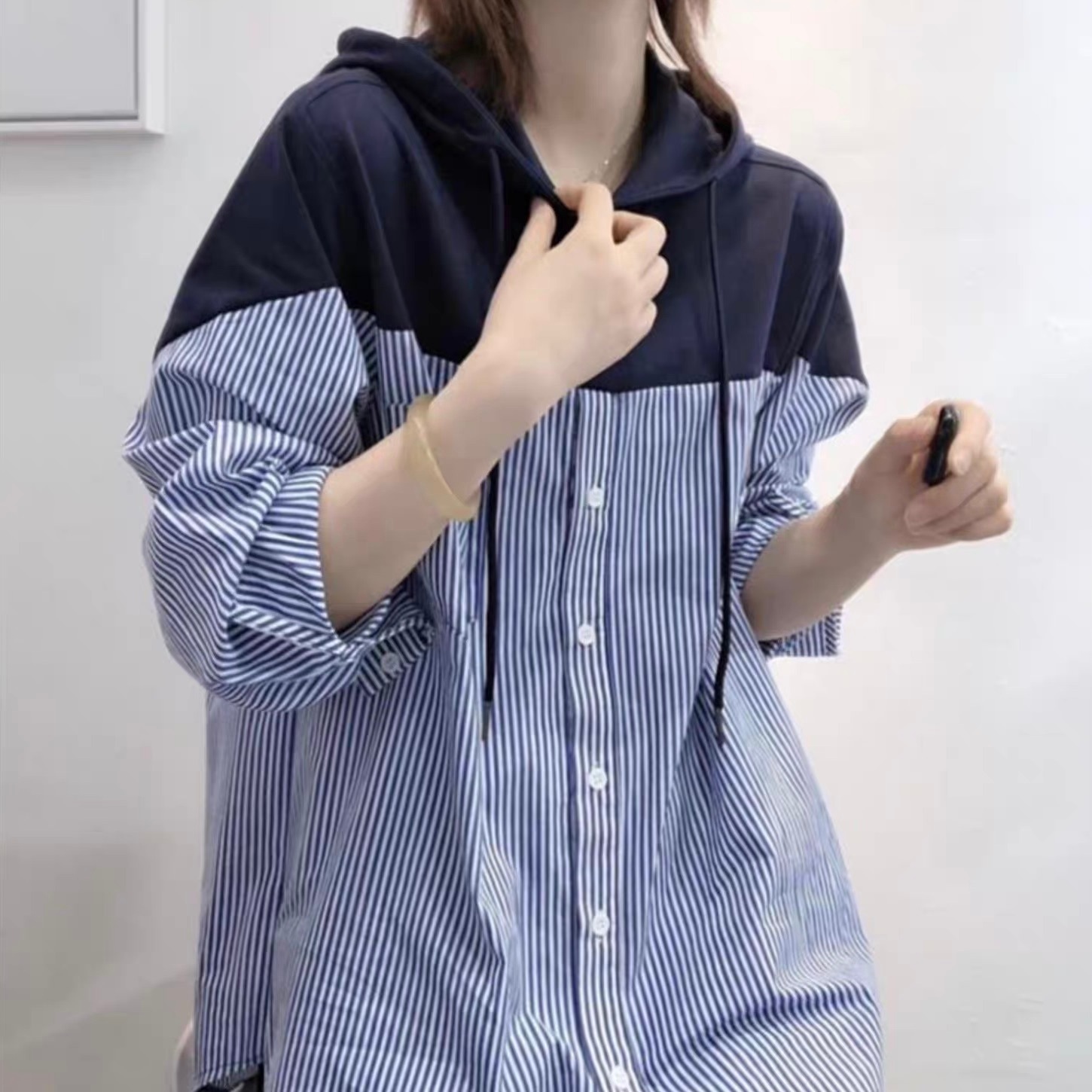 レディース トップス シャツ ブラウス パーカー 前開き ロング 長袖 フード ストリート 切り替えデザイン バイカラー 配色 ドッキング かわいい 大人可愛い カジュアル おしゃれ かっこいい