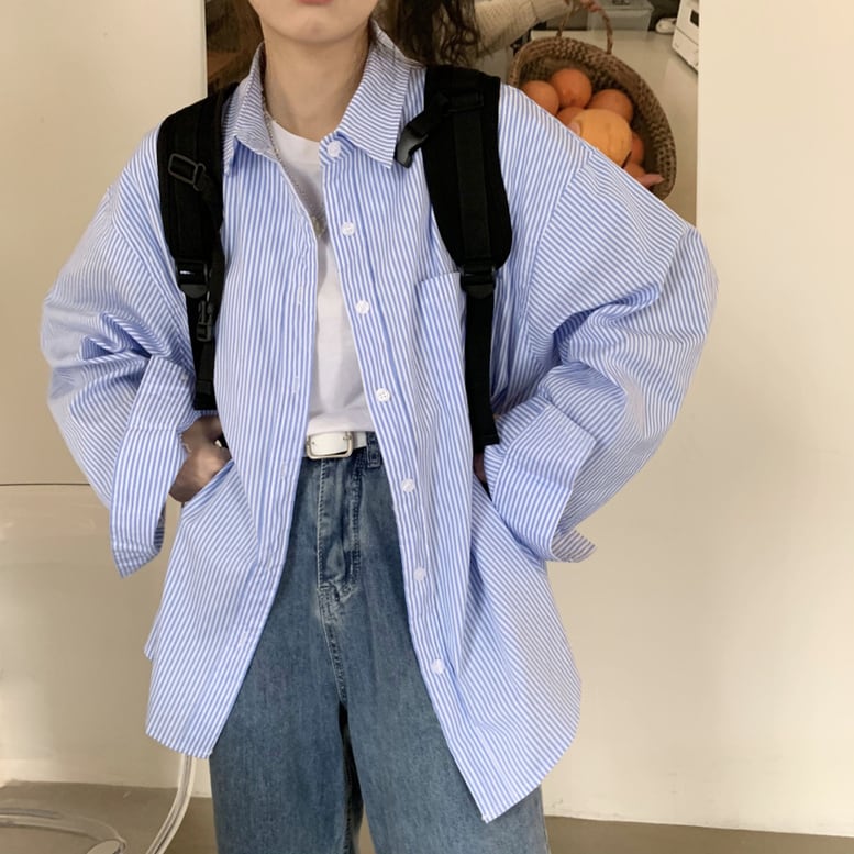 2color レディース ストライプオーバーシャツ ストライプ柄 シャツ ブラウス 長袖 トップス