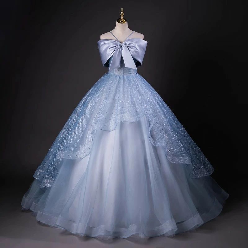 今月上新プリンセスドレス パーティードレス 可愛い リボン ブルー 高級感 結婚式 前撮り 誕生日 演奏会ドレス フォトウェディング 花嫁ドレス ピアノロング 編み上げ きれいめ 二次会 披露宴