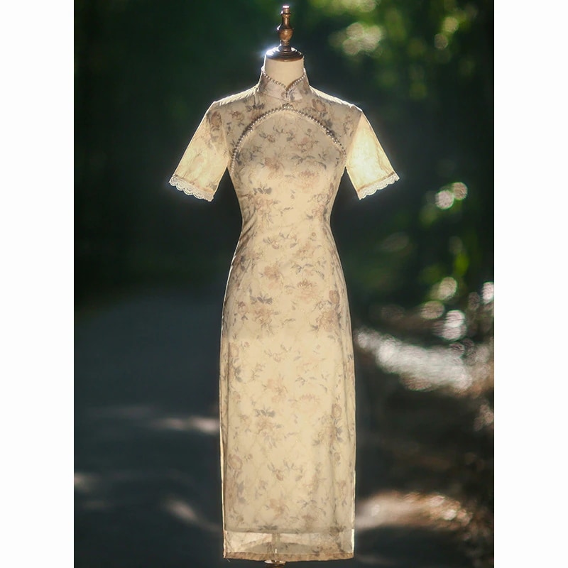 ワンピースドレスドレスヤングシフォンチョンサムは女の子の春と夏の毎日の気質を改善します