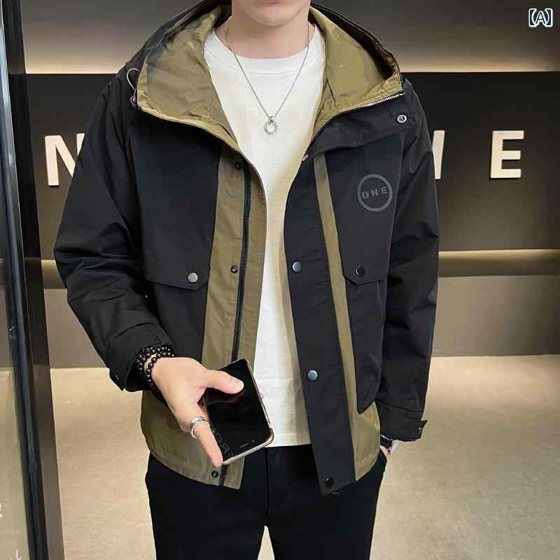 メンズ ファッション フード ジャケット 春秋 カジュアル ワークウェア ジャケット カラー ブロック ジャケット