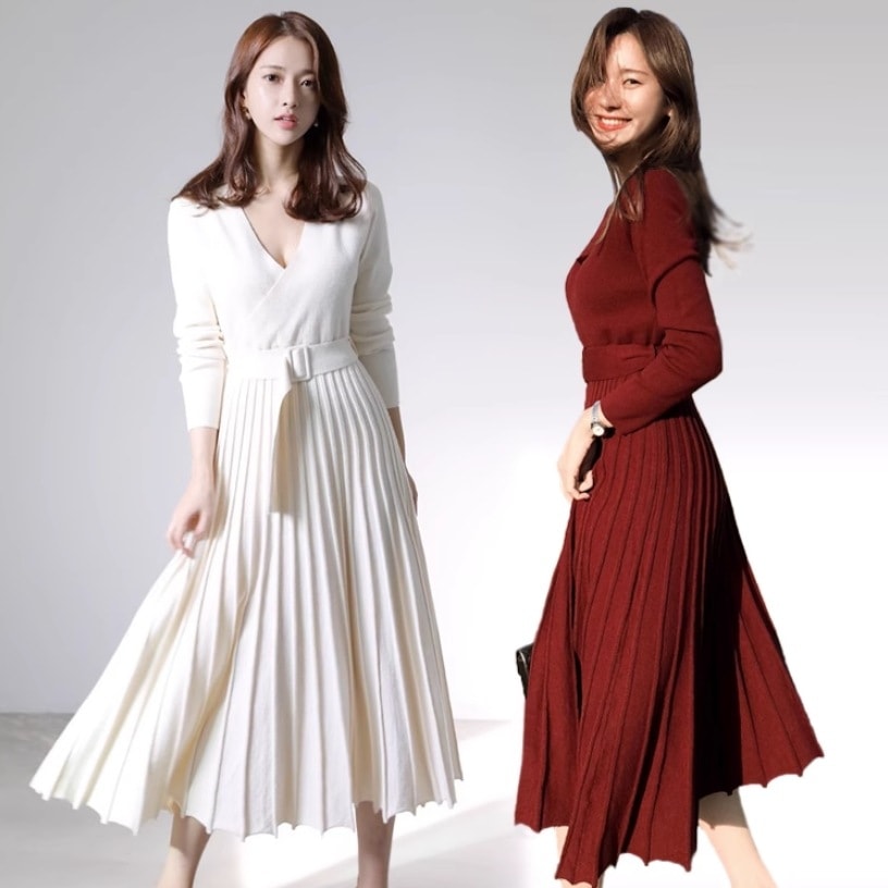 ワンピース ニットソー セーター ワンピドレス ニットワンピース ミモレ ミモレ丈 長袖 Vネック カシュクール ペプラム 切り替えデザイン プリーツ ベルト ウエストマーク 伸縮性 ニット かわいい