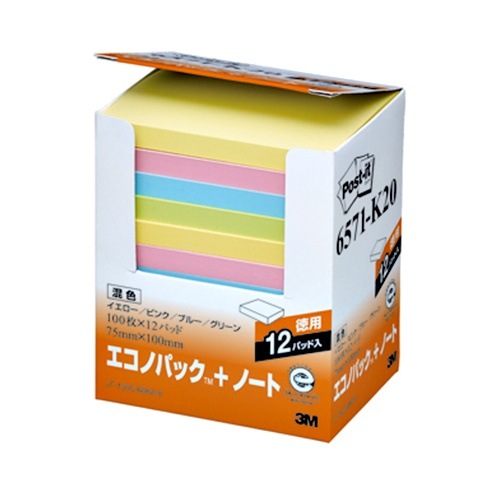 （まとめ買い）ポストイット エコノパック リサイクル紙ふせん ノート 75x100mm 100枚x12パッド（4色混色） 6571-K20 [x3]