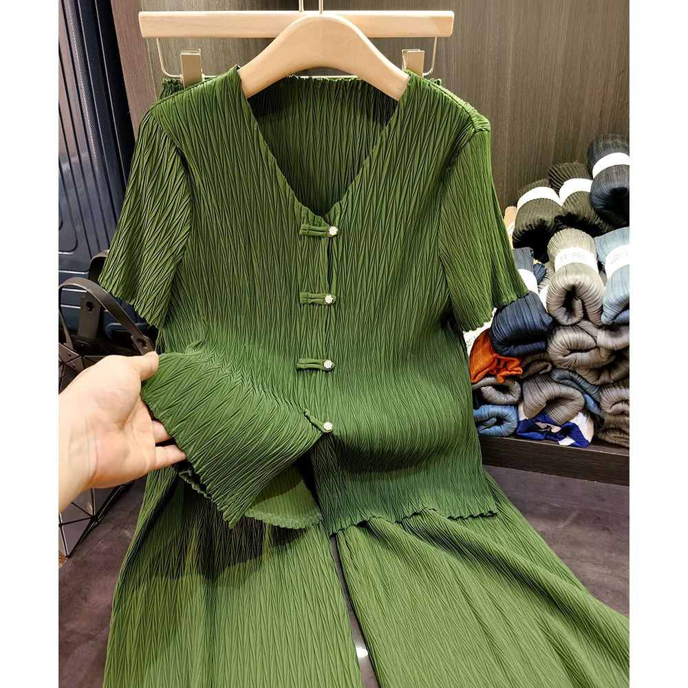 新中国式バックルvネックカジュアルストレートパンツ2点セット夏ファッションスーツ