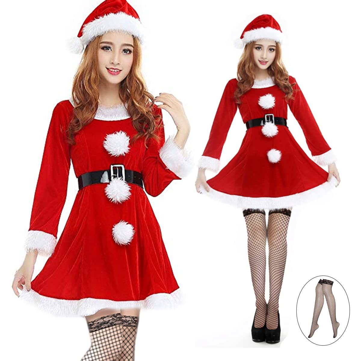 2026新品大人気クリスマス新作レディース サンタ コスプレ サンタクロース 網タイツ付き クリスマス コスム 衣装 (ロング丈 80cm