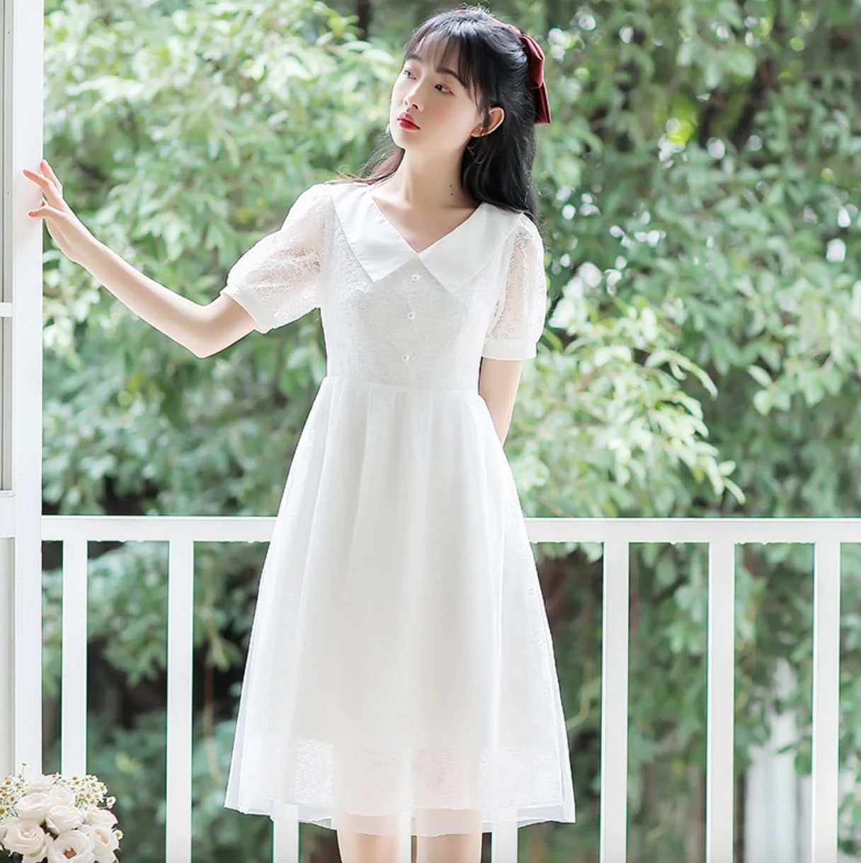 ワンピース Aライン フレア 膝丈 膝上 Vネック 襟付き 前ボタン レース 透け感 フェミニン 大人可愛い かわいい シンプル ガーリー 春 夏 おしゃれ 学生 デート XS XL ホワイトその他 ワンピース・ドレス