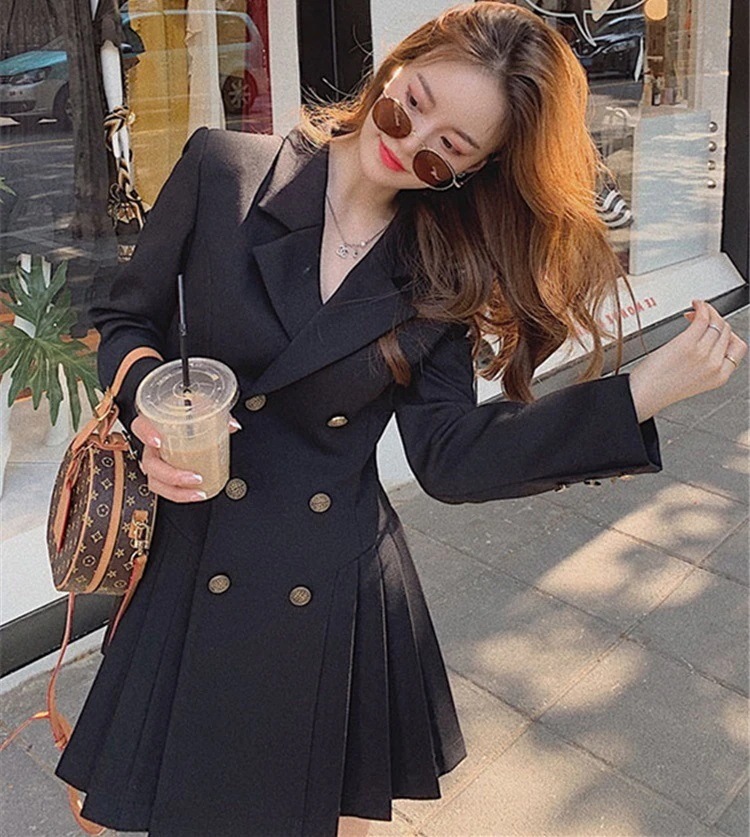 ワンピース レディース Vネック プリーツ ミニ 長袖 襟付き スリム 細身 ジャケット風 ハイウエスト 大人可愛い きれいめ シンプル カジュアル 上品 黒 オレンジ M L XL 2XL 3XL