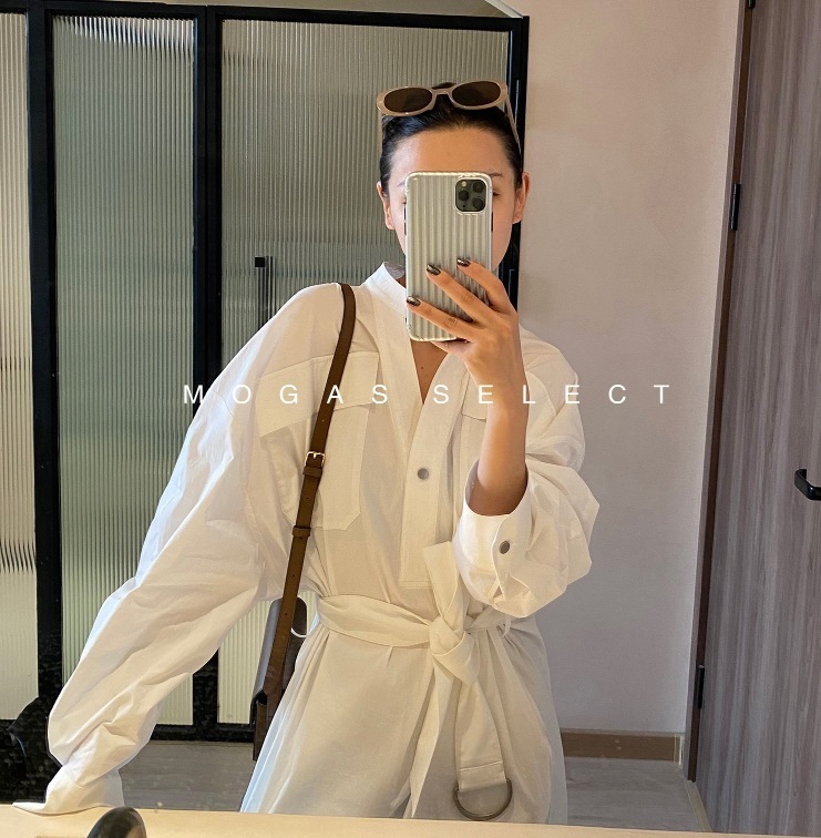 ワンピース シャツワンピース ミモレ ミモレ丈 ロング ロング丈 袖あり 半袖 長袖 襟付き スタンドカラー 無地 ウエストマーク リボン スリット ストレート ブラック ホワイト 韓国 エレガント