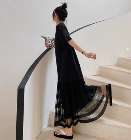 無地半袖ロングワンピース ゆったり ワンピース ロング丈 半袖大きめ Aライン ブラック 清潔感 お出かけ ルームウェア リゾート 旅行 爽やか フレア かわいい 大人可愛い きれいめ シンプル 大人