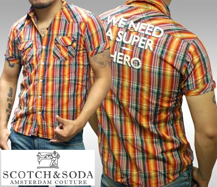 セール スコッチ&ソーダ 400種類の品揃え SCOTCH&SODA スコッチアンドソーダ メンズ 半袖 チェック ウェスタン ワークシャツ HERO オレンジ シャツ ボタンシャツ インポー