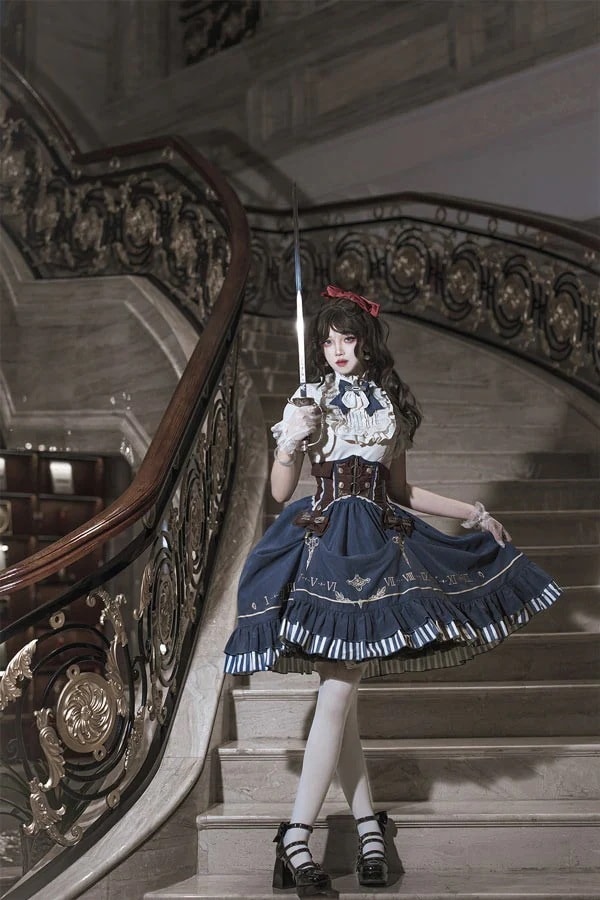 ロリータ スカート 3点セット ストライプ柄 アイドル風 ショート丈 ミニ レディース ゴスロリ ハイウエスト Aライン リボン ロリータファッション レトロ風 暗黒風 ゴシック 夏 半袖 コス