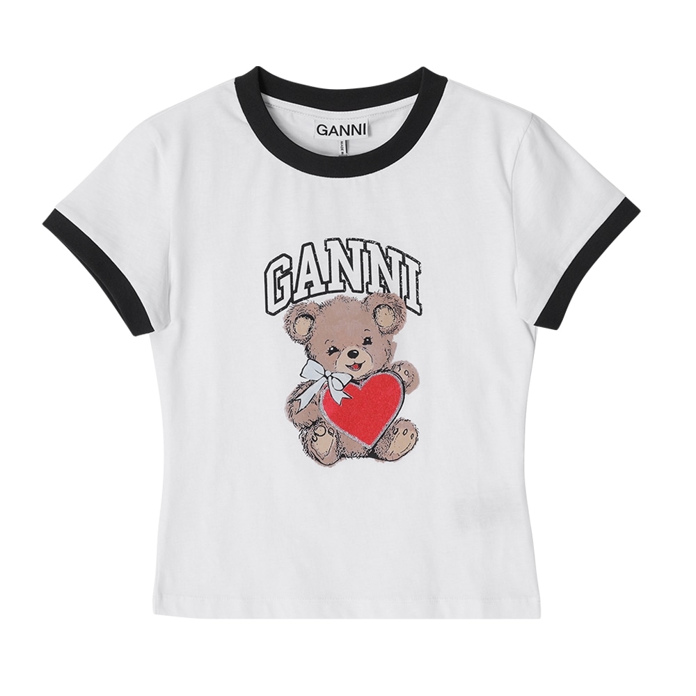 GANNI T4061 151 ベアロゴプリントコントラストレディースショートスリーブTシャツ