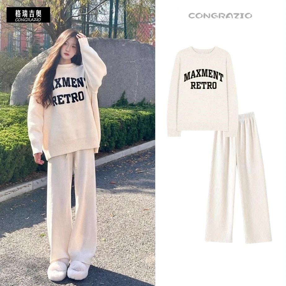 レディース 春新作 ミルキー系コーデ 刺繍ラウンドネックニット＆裏起毛ワイドパンツ 2点セット クリームカラー 韓国 セットアップ セットアップ スウェット セットアップ セットアップ レディース セ