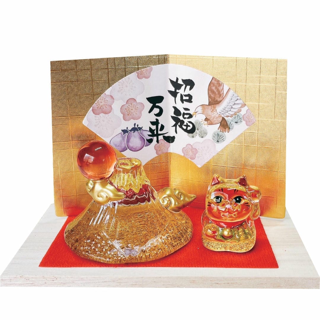 金富士山と招き猫飾り E-31 ガラス 置物 置き物 おしゃれ かわいい 開店祝い 富士山 ふじさん 富士 日本一の山 選挙 合格 幸運 インテリア