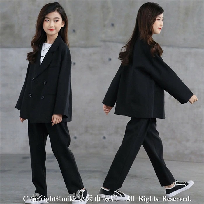 【2点セット：ジャケット×ズボンフォーマルスーツ 女の子 スーツ キッズ 子供上下セット ジュニア 入学式 入園式 卒業式 七五三 結婚式 発表会 誕生日 記念日 お受験 学院風 黒 ピアノ 冠婚葬祭