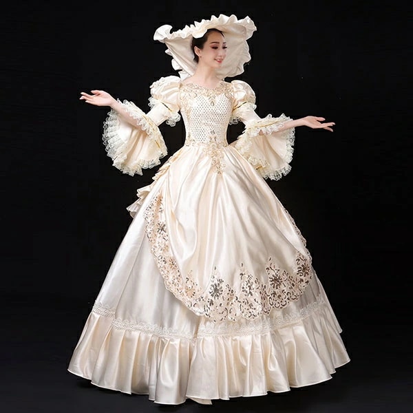 貴婦人 ドレス ロココドレス 中世 ヨーロッパ 中世貴族風 お姫様ドレス パーティー ファスナータイプ 貴族 ロングドレス 大きいサイズ ワンピース プリンセスライン 刺繍 長袖 Aラインイベント 学