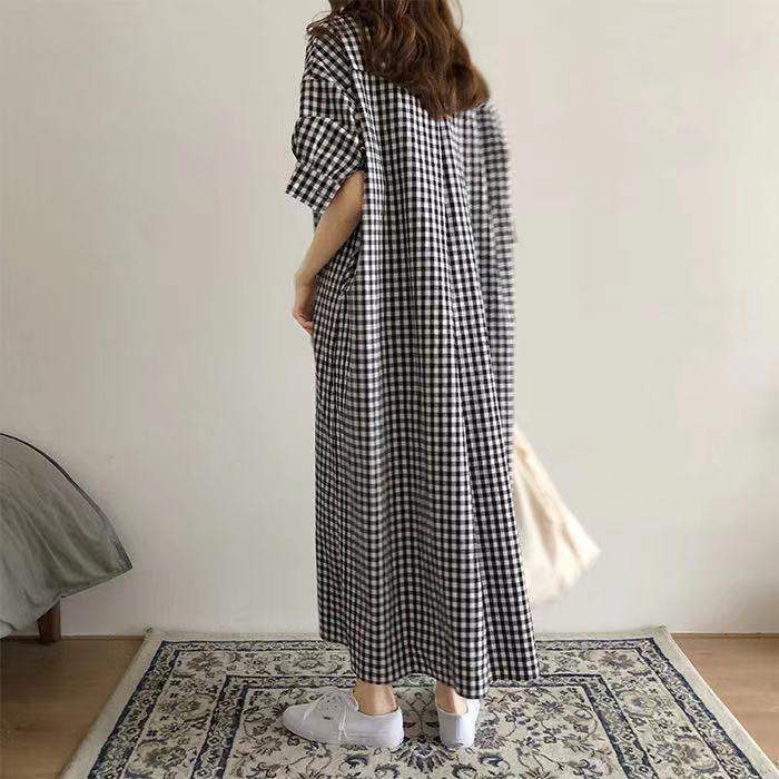 夏新作シャツ ロングシャツ レディース シャツワンピース トップス シャツワンピ 半袖 チェック ワンピース ボタン付き 白 ホワイト ブラック 大きめ 体型おバー