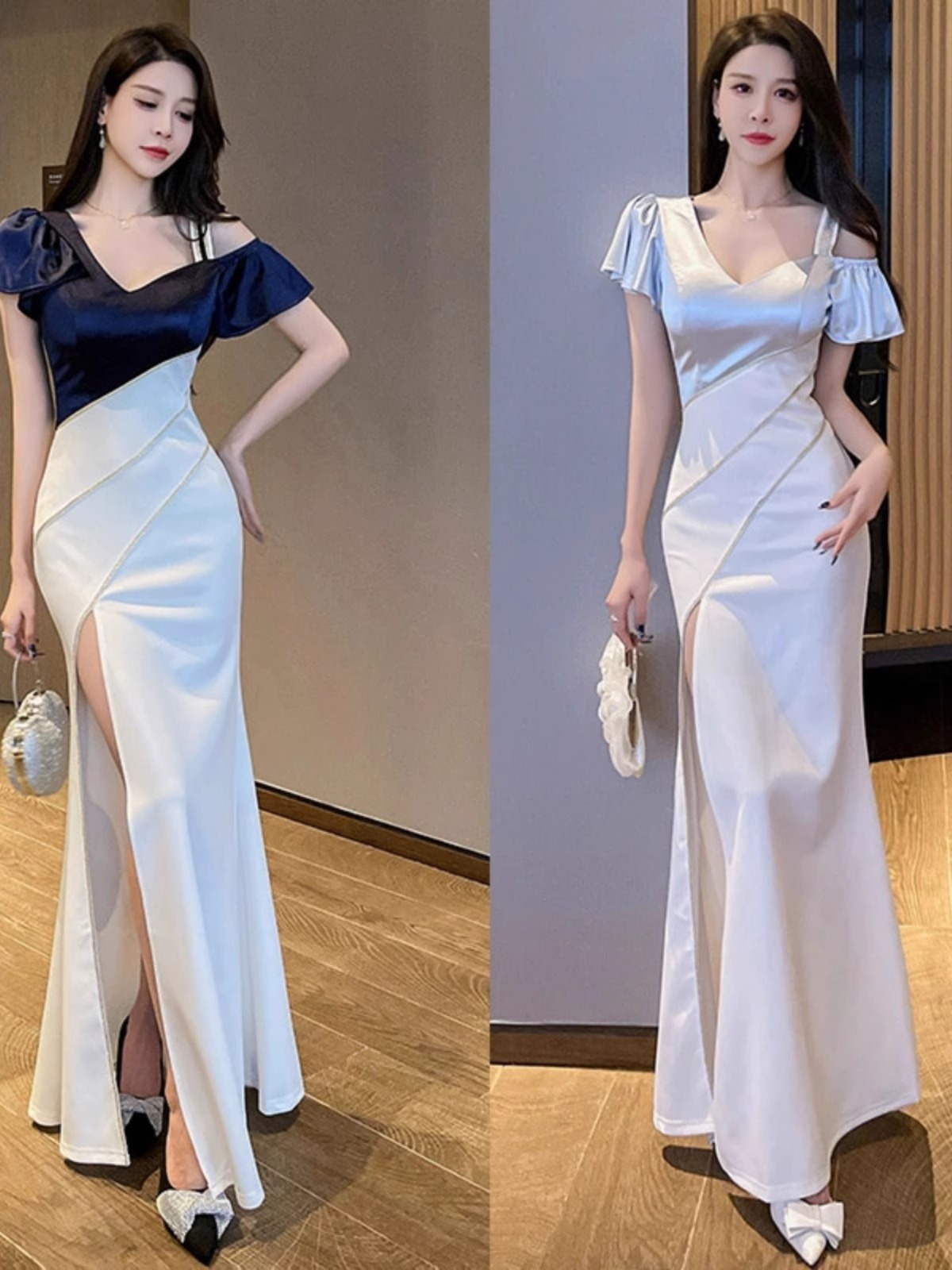 夏の新作ショルダーサスペンダーイブニングドレス開叉ワンピース