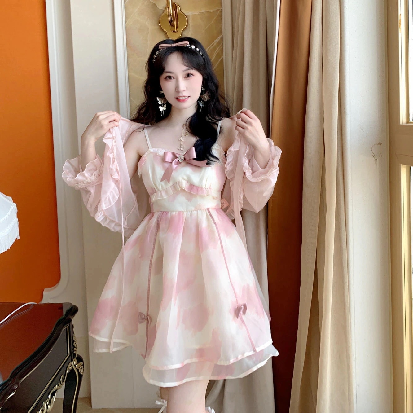 ロリータ コスプレ 2024新作 夏 ロリータ ワンピース 木耳縁 ワンピース 着痩せ 可愛い ピンク 2点セットサンタコスプレ