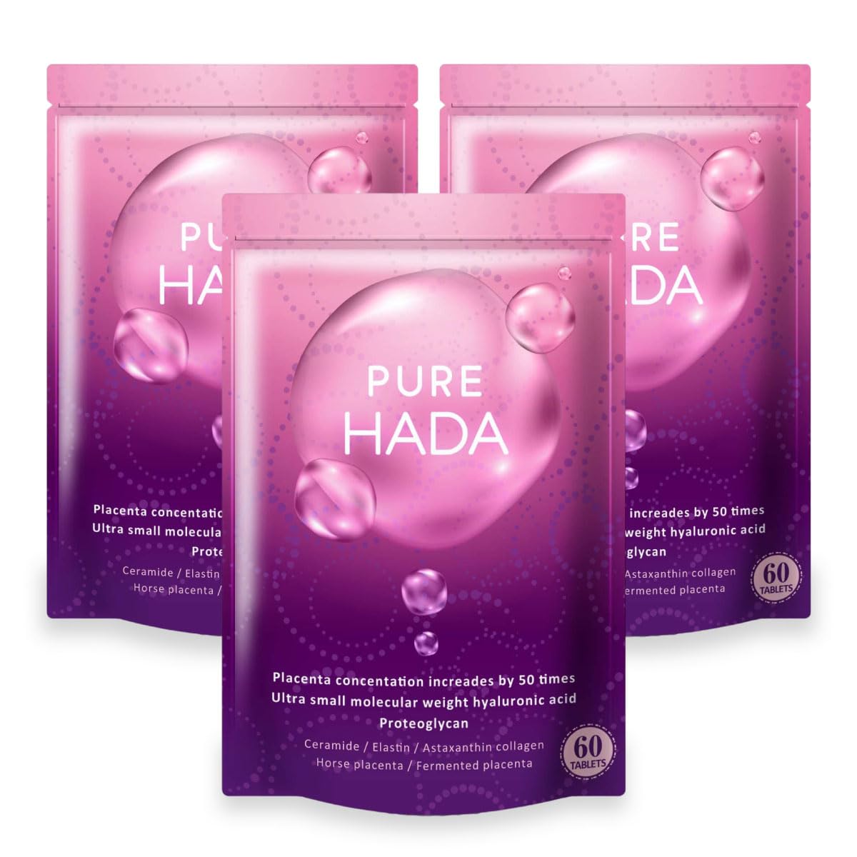 50倍濃縮 プラセンタ 10000mg/日 PUREHADA 超低分子 ヒアルロン酸 コラーゲン セラミド 厳選9種 3個セット90日分 6,750円