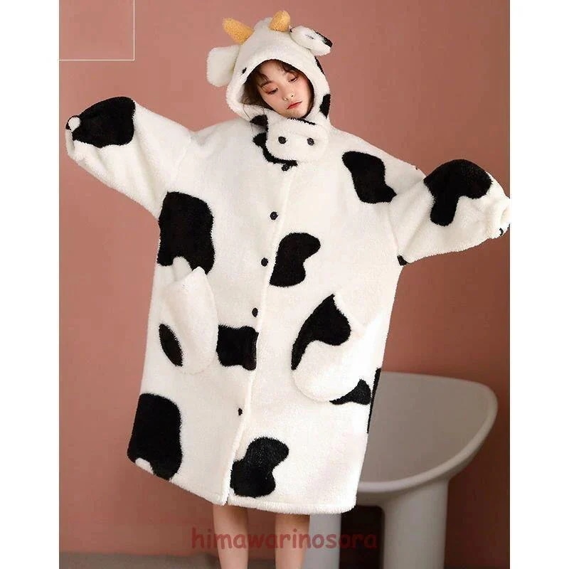 パジャマ ガウン レディース 冬 裏起毛 ウェア 牛 着ぐるみ 年賀状 牛柄パジャマ 上下セット モコモコ 部屋着 ふわふわ 厚手 長袖 長ズボン 可愛い 動物