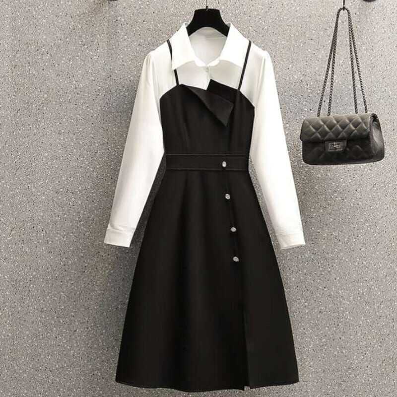 ワンピース キャミソール ひざ丈 袖あり 長袖 Aライン かわいい 大人可愛い きれいめ シンプル カジュアル 上品 おしゃれ レトロ エレガント 無地 春 秋 10代 20代 30代 レディース デ