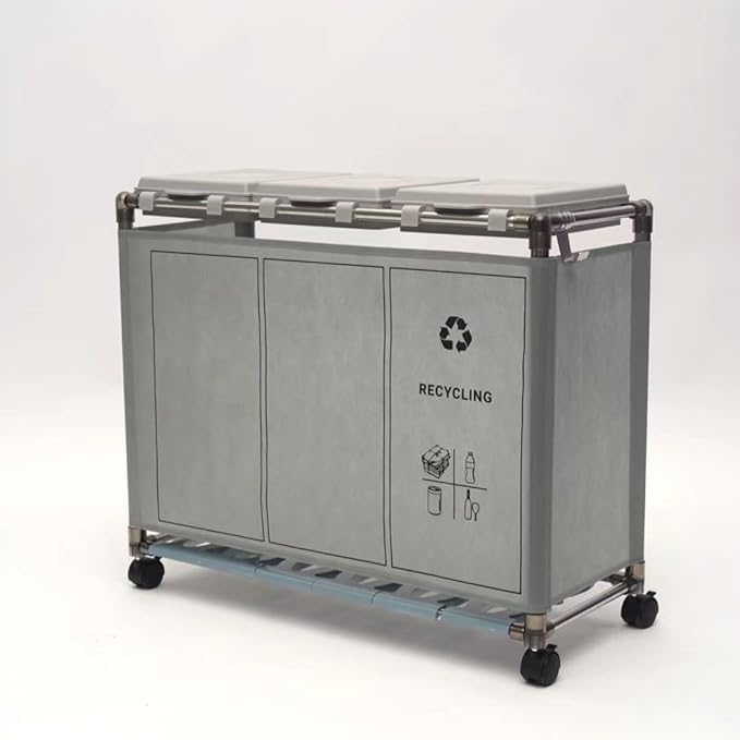 ゴミ袋ホルダー 3分別*30L ゴミ箱 ふた付き レジ袋を隠すゴミ袋スタンド 90L大容量 キャスター付きダストボックス 目隠しダストワゴン 日本語取扱説明書 (グレー)