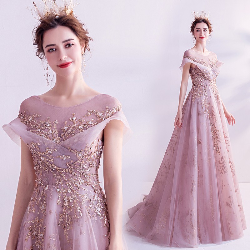 ピンクイブニングドレス2024プリンセス花嫁ウェア宴会婚約ウェディングドレスイブニングドレス夏