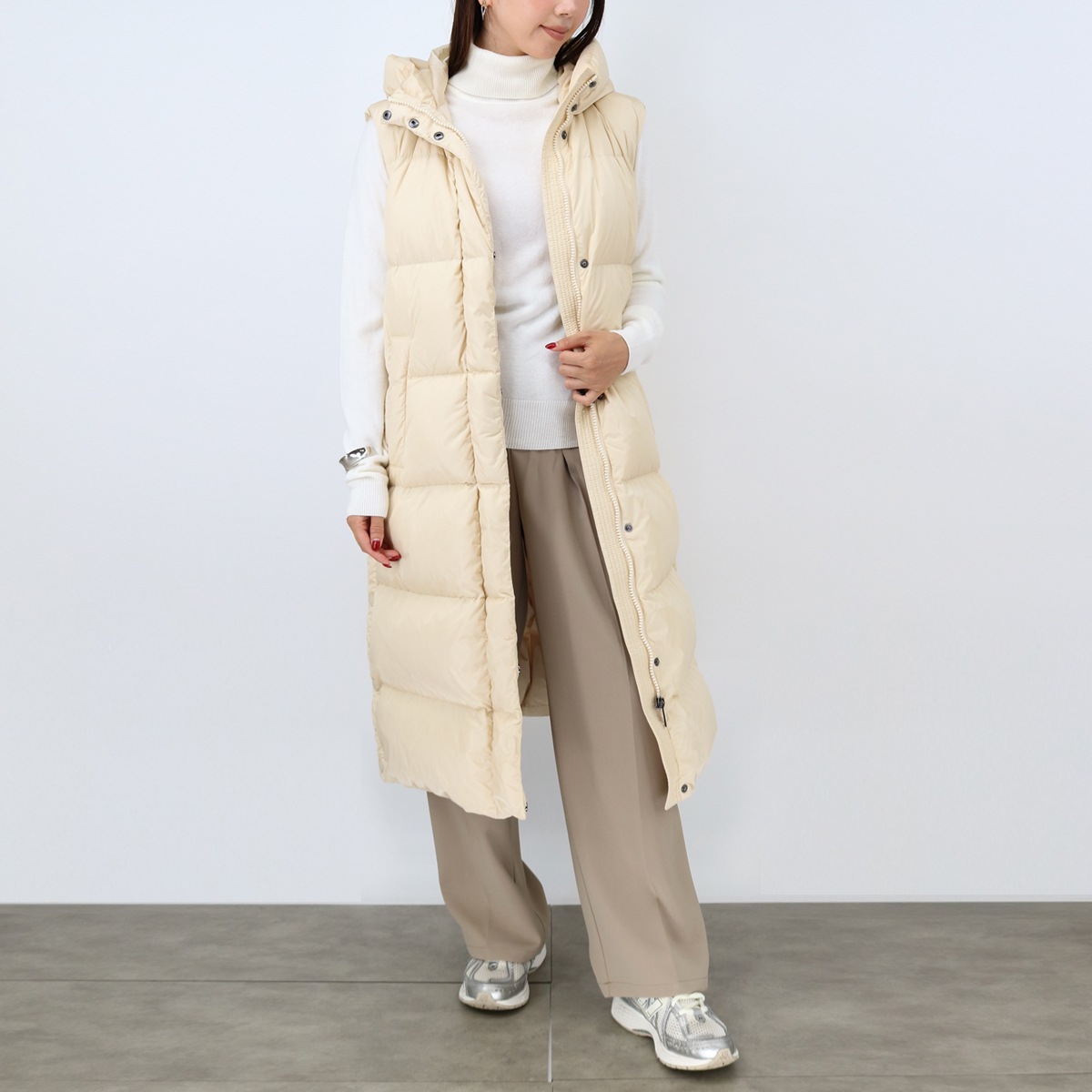 ZIMINO 028/IVORY レディース ロング ダウンベスト 撥水タフタ フード アイボリー