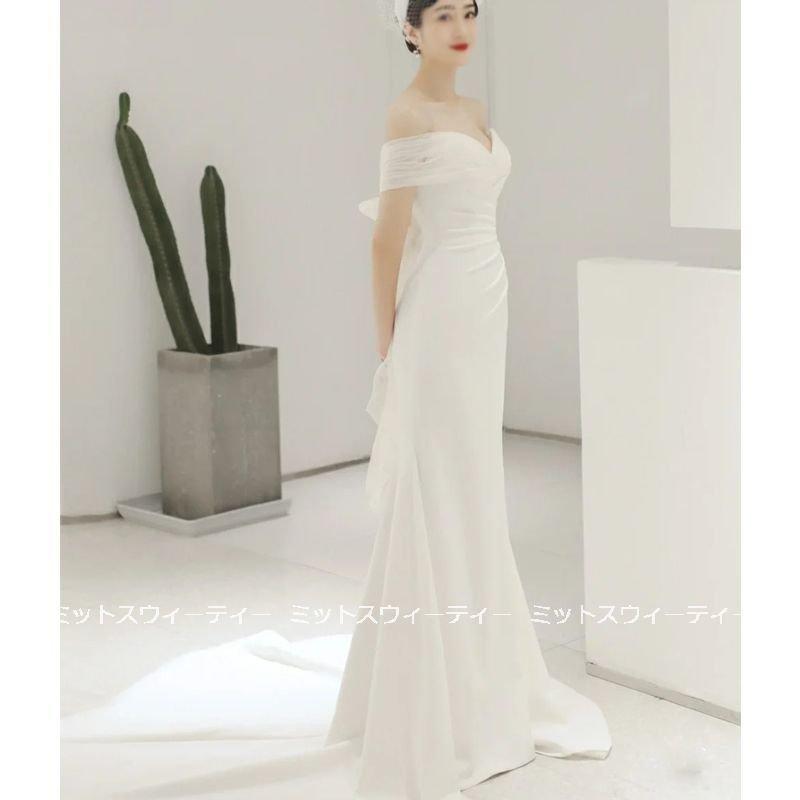 韓国ファッションウェディングドレス スレンダードレス 二次会 パーティー 結婚式 ロングドレス オフショルダー ウエディングドレス トレーン リゾート 花嫁 前撮り エレガント 15,837円