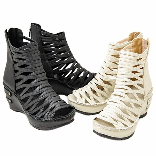 Hina green label 4390 レディース サマーブーティ 日本製 本革 バックファスナー メッシュ風 厚底 ウエッジソール 美脚効果 ガーリー フェミニン