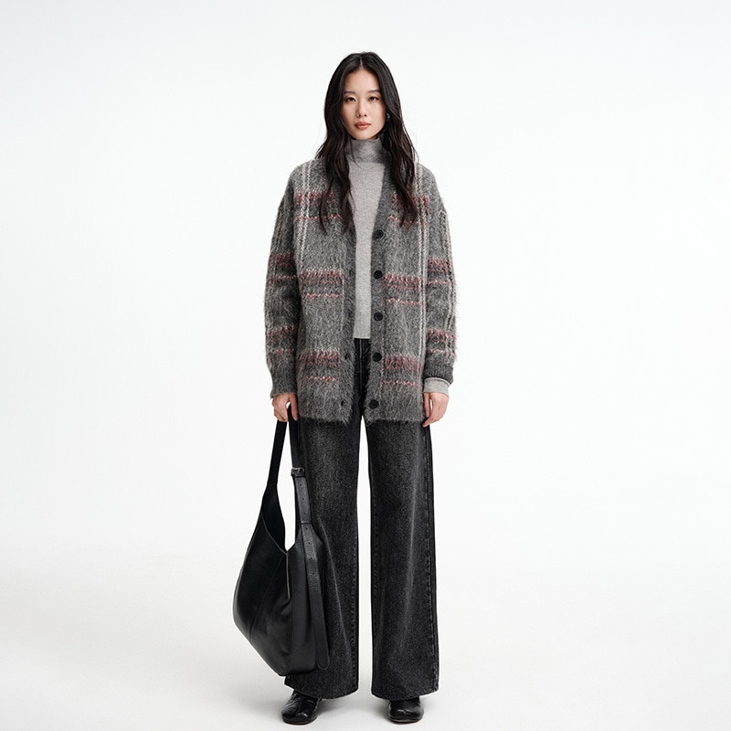 新しい冬のVネックウールカーディガンカジュアルゆったりフィットスタイリッシュなチェック柄レトロニットトップス