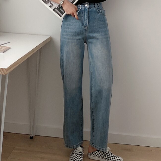 ボトムス パンツ 春夏 カジュアル レディース ストレートパンツ デニムパンツ ワイドレッグ ロング丈 9分丈 アンクル丈 無地 ハイウエスト ポケット ウォッシュ加工 ライトブルー 大人可愛い シン