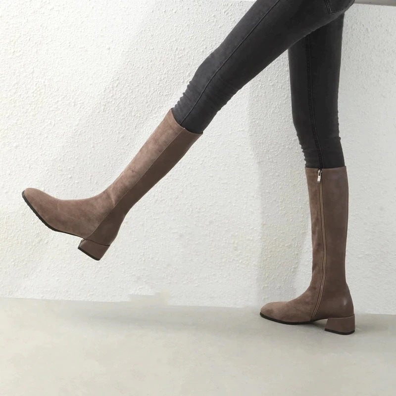 ロングブーツ レディースブーティー歩きやすい 防寒ストレッチロングブーツ内ボア黒太めヒール おしゃ