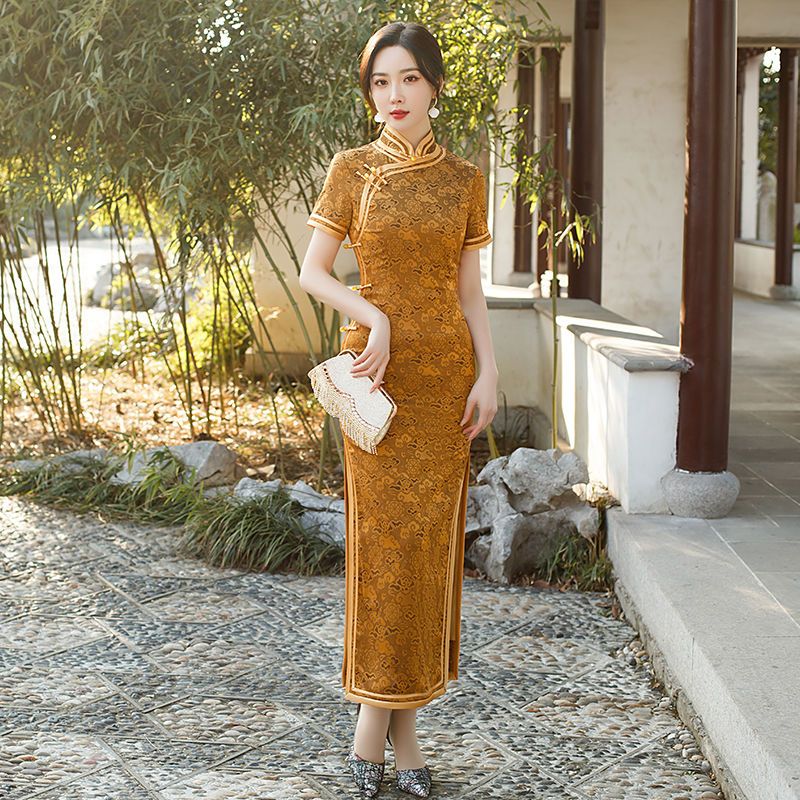 中華民国風淑女レトロスリムヒップドレス2025年の重工業チャイナドレスロングセクション