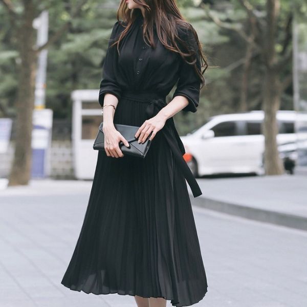 ワンピース レディース 膝下 S M L XL 韓国 ミモレ丈 長袖 ウエストマーク フレア スリム タイト 細身 Aライン かわいい 大人可愛い きれいめ シンプル カジュアル 大人 上品 おしゃれ