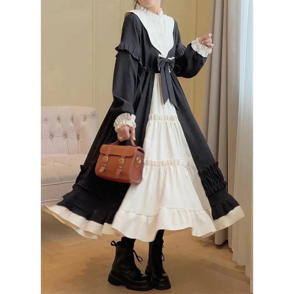 2025年新作店長おすすめ！ロリータウエストサイドドローストリングリボンウッドイヤーエッジカラーワンピースかわいい経年少女ドレス