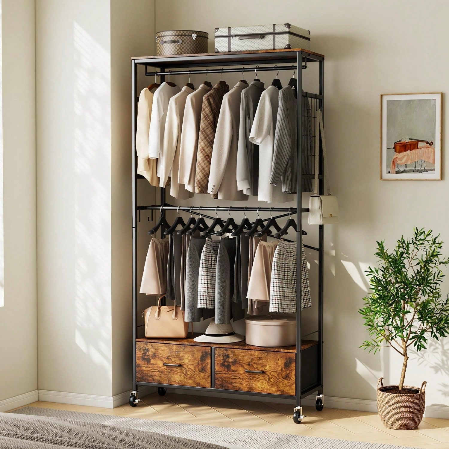 新しい-【新匠】 ハンガーラック 幅97奥行35高さ179cm ハンガーラック 頑丈 2段 クローゼット ワードローブ 衣類ラック 2段 収納 頑丈 棚 服 ラック 洋服掛け 引き出し付き 大容量 キ 8,061円