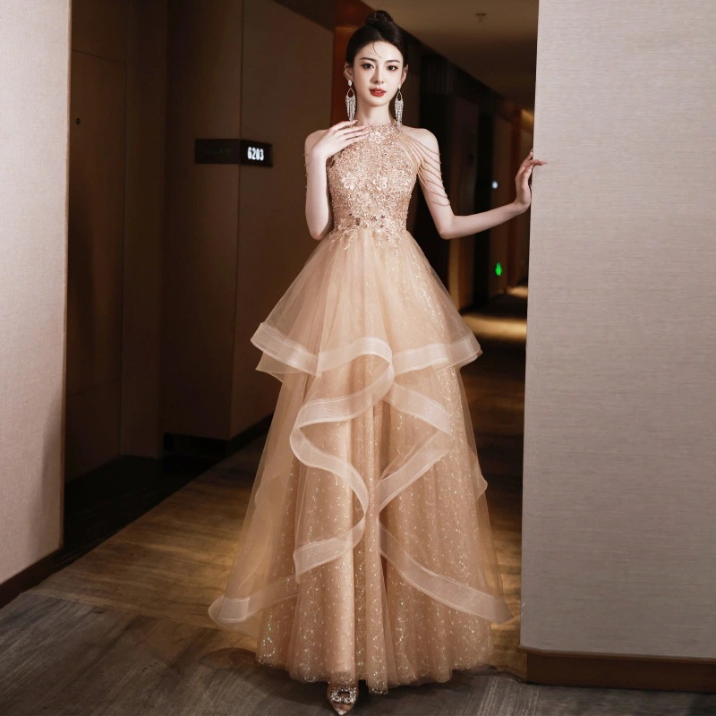 女性用ドレス2024ハイエンドスーパーガーゼスカートホストパフォーマンス衣装